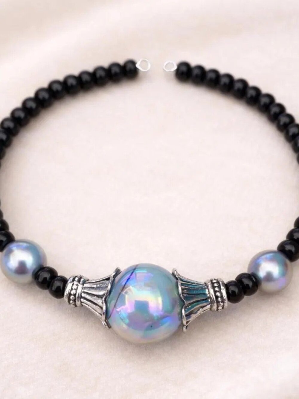 Handmade Black Beaded Bracelet with Sparkle Accent